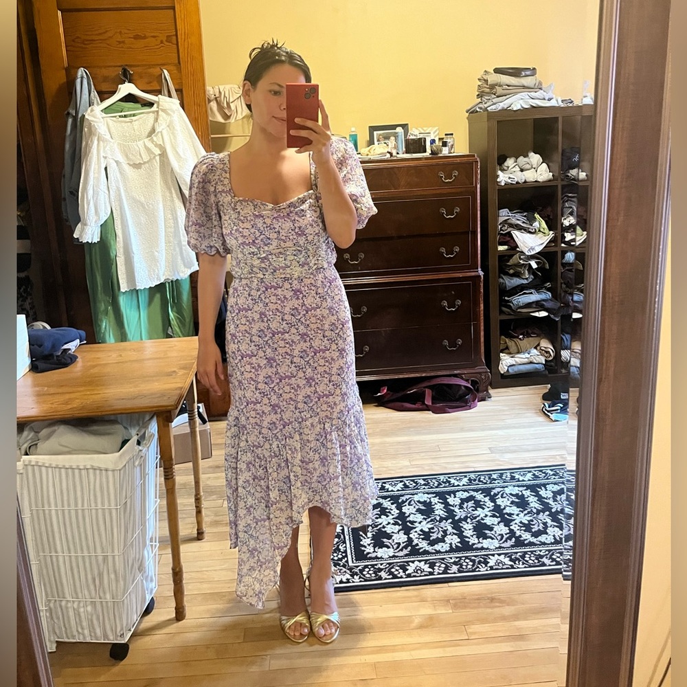 Floral short sleeve asymmetrical hem midi dress
